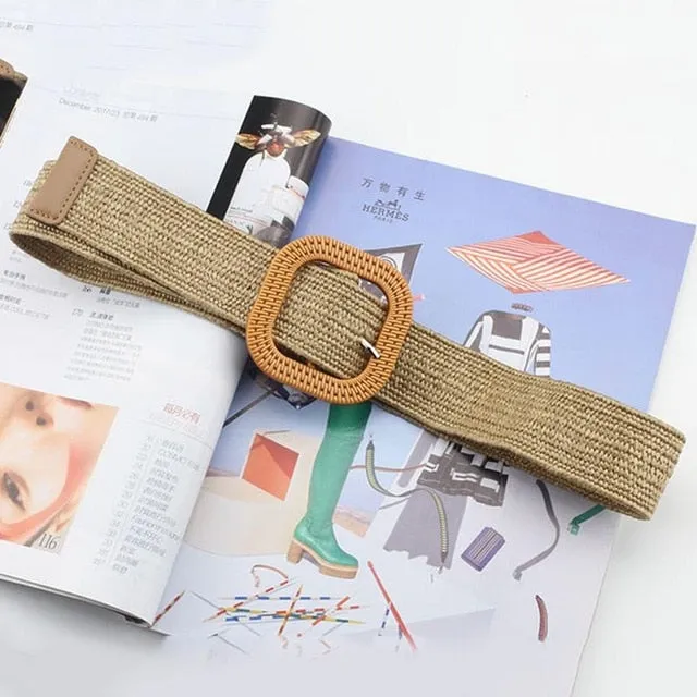 Vintage Boho Braided Waist Belt Summer Solid Female Belt Round Wooden Smooth Buckle Fake Straw Wide Belts For Women Hot Sale
