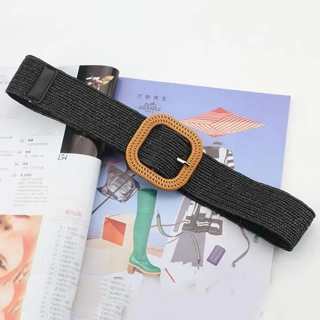 Vintage Boho Braided Waist Belt Summer Solid Female Belt Round Wooden Smooth Buckle Fake Straw Wide Belts For Women Hot Sale