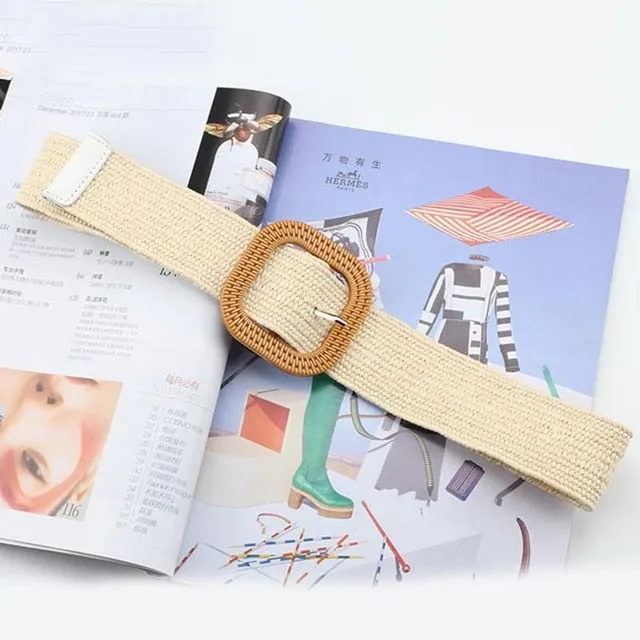 Vintage Boho Braided Waist Belt Summer Solid Female Belt Round Wooden Smooth Buckle Fake Straw Wide Belts For Women Hot Sale