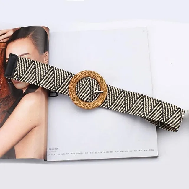 Vintage Boho Braided Waist Belt Summer Solid Female Belt Round Wooden Smooth Buckle Fake Straw Wide Belts For Women Hot Sale