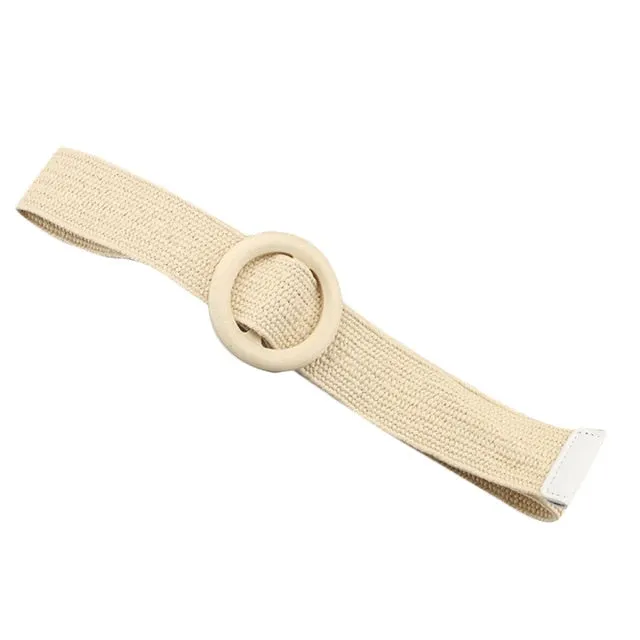 Vintage Boho Braided Waist Belt Summer Solid Female Belt Round Wooden Smooth Buckle Fake Straw Wide Belts For Women Hot Sale