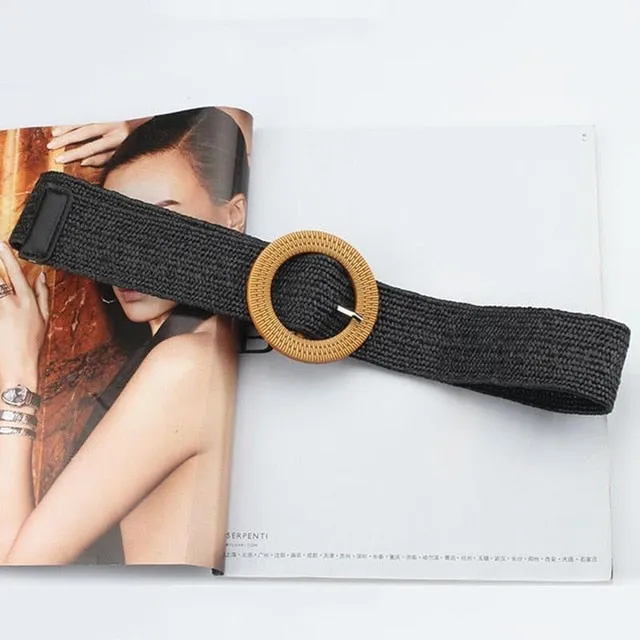 Vintage Boho Braided Waist Belt Summer Solid Female Belt Round Wooden Smooth Buckle Fake Straw Wide Belts For Women Hot Sale