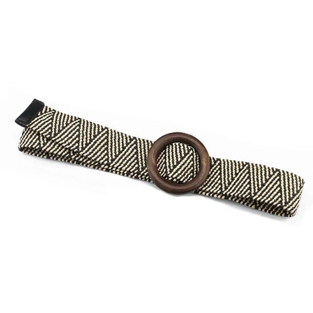 Vintage Boho Braided Waist Belt Summer Solid Female Belt Round Wooden Smooth Buckle Fake Straw Wide Belts For Women Hot Sale