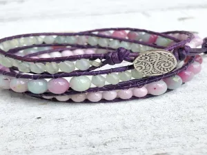 Watermelon Jade Purple Leather Triple Wrap Bracelet