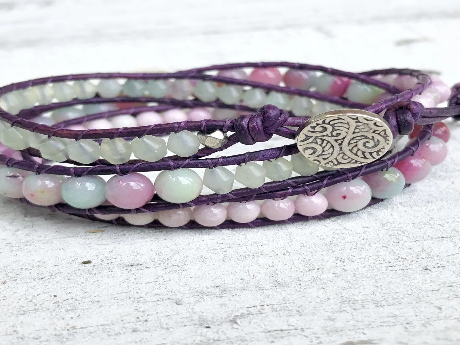 Watermelon Jade Purple Leather Triple Wrap Bracelet