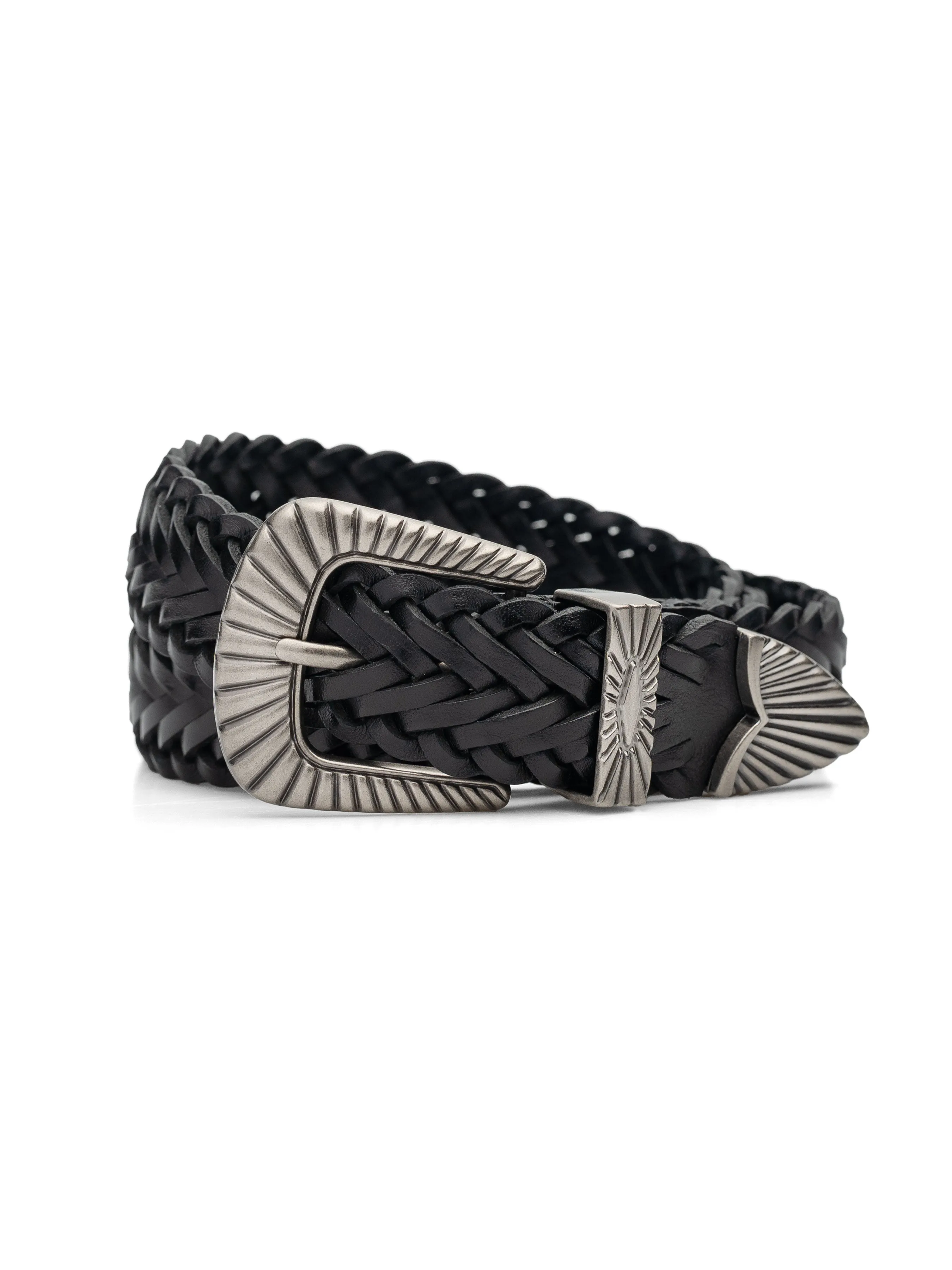 Weave Leather Belt with Sunburst Palladium-Toned Buckle