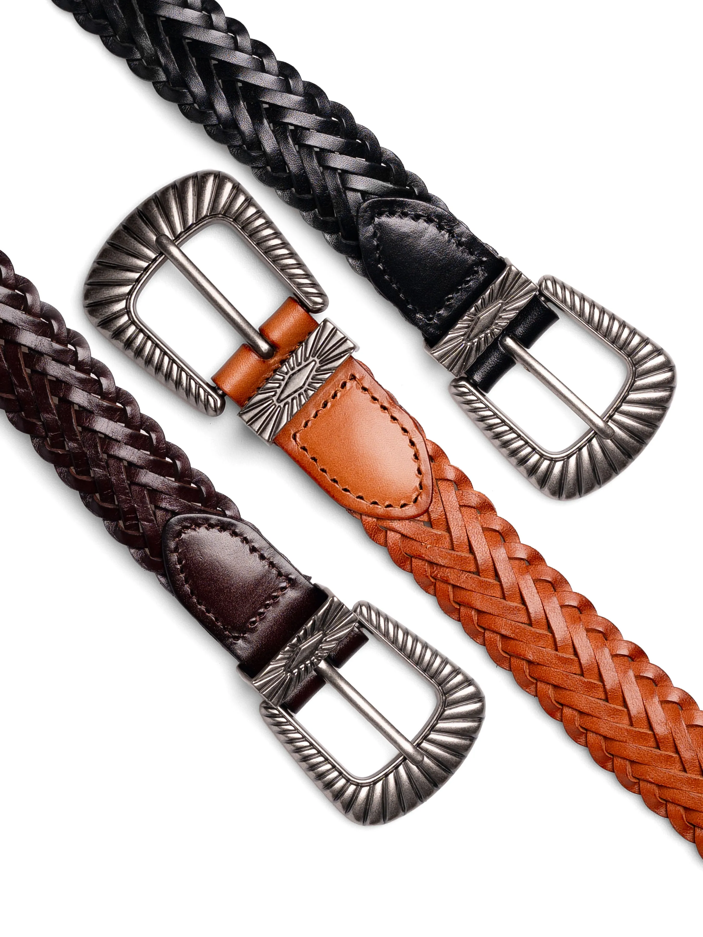 Weave Leather Belt with Sunburst Palladium-Toned Buckle