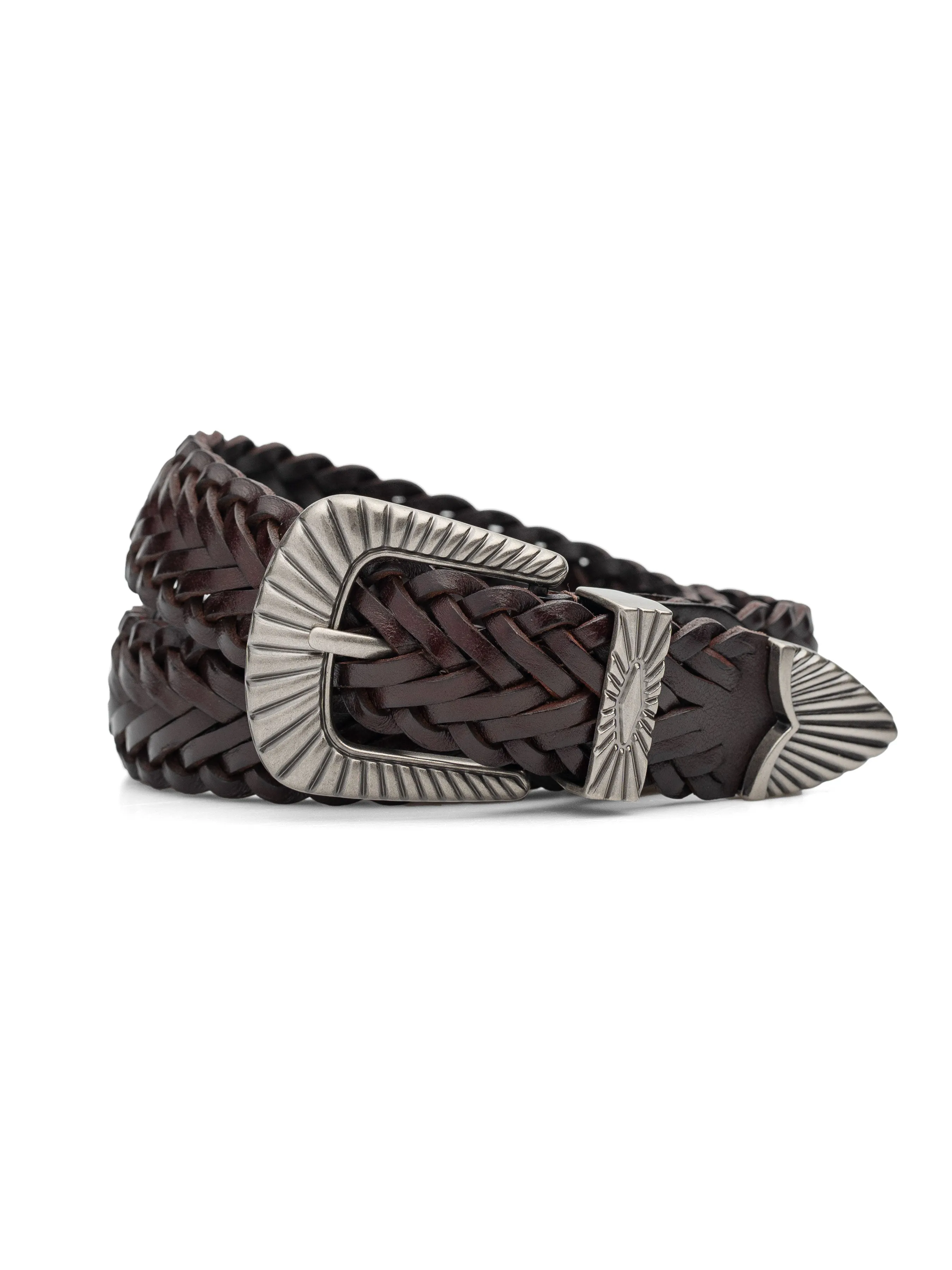 Weave Leather Belt with Sunburst Palladium-Toned Buckle