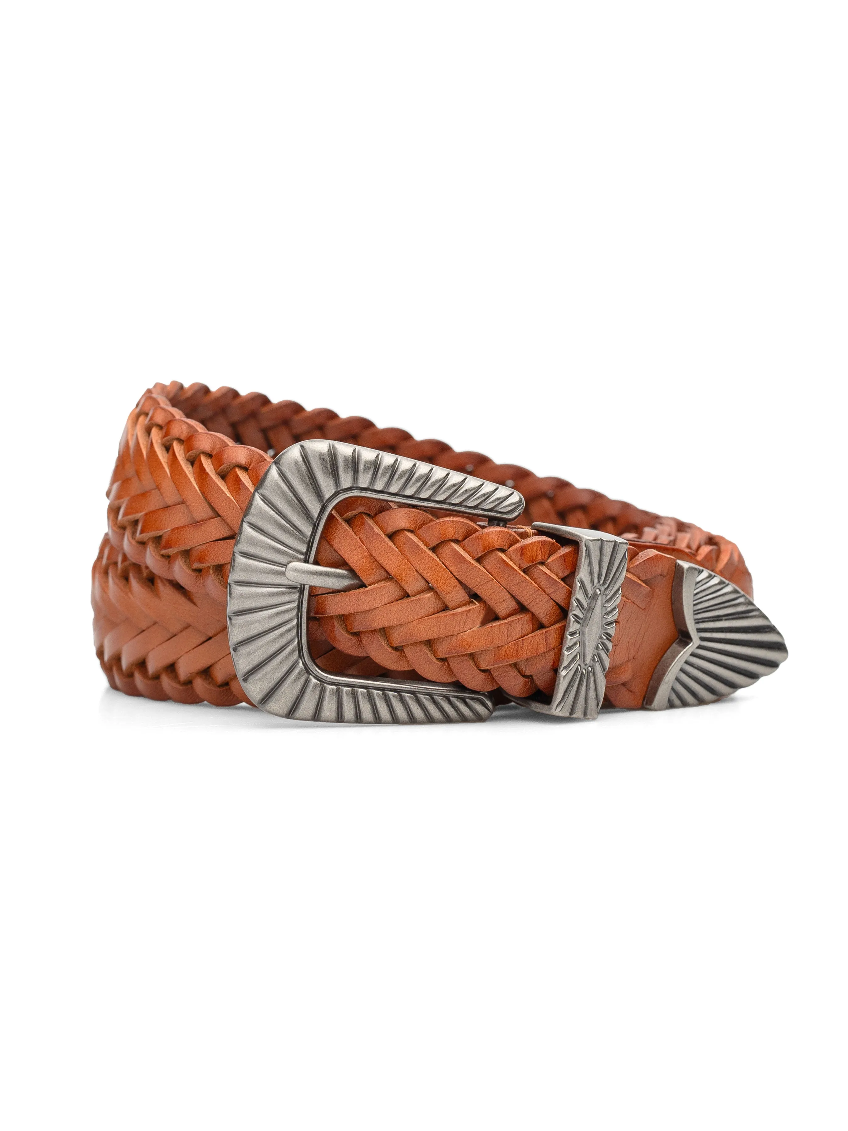 Weave Leather Belt with Sunburst Palladium-Toned Buckle