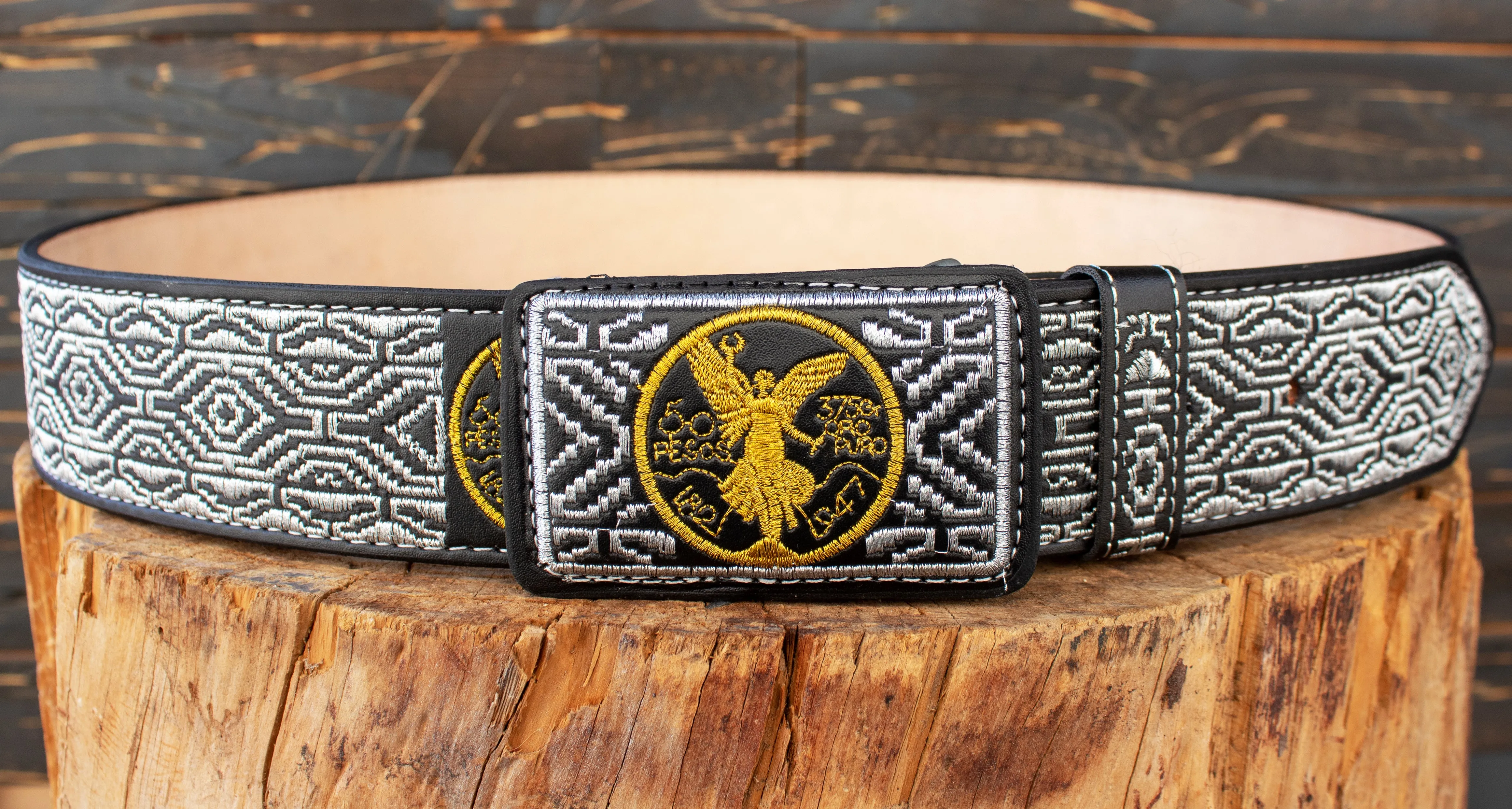 WESTERN EMBROIDERED BLACK EL CENTENARIO LEATHER  BELT