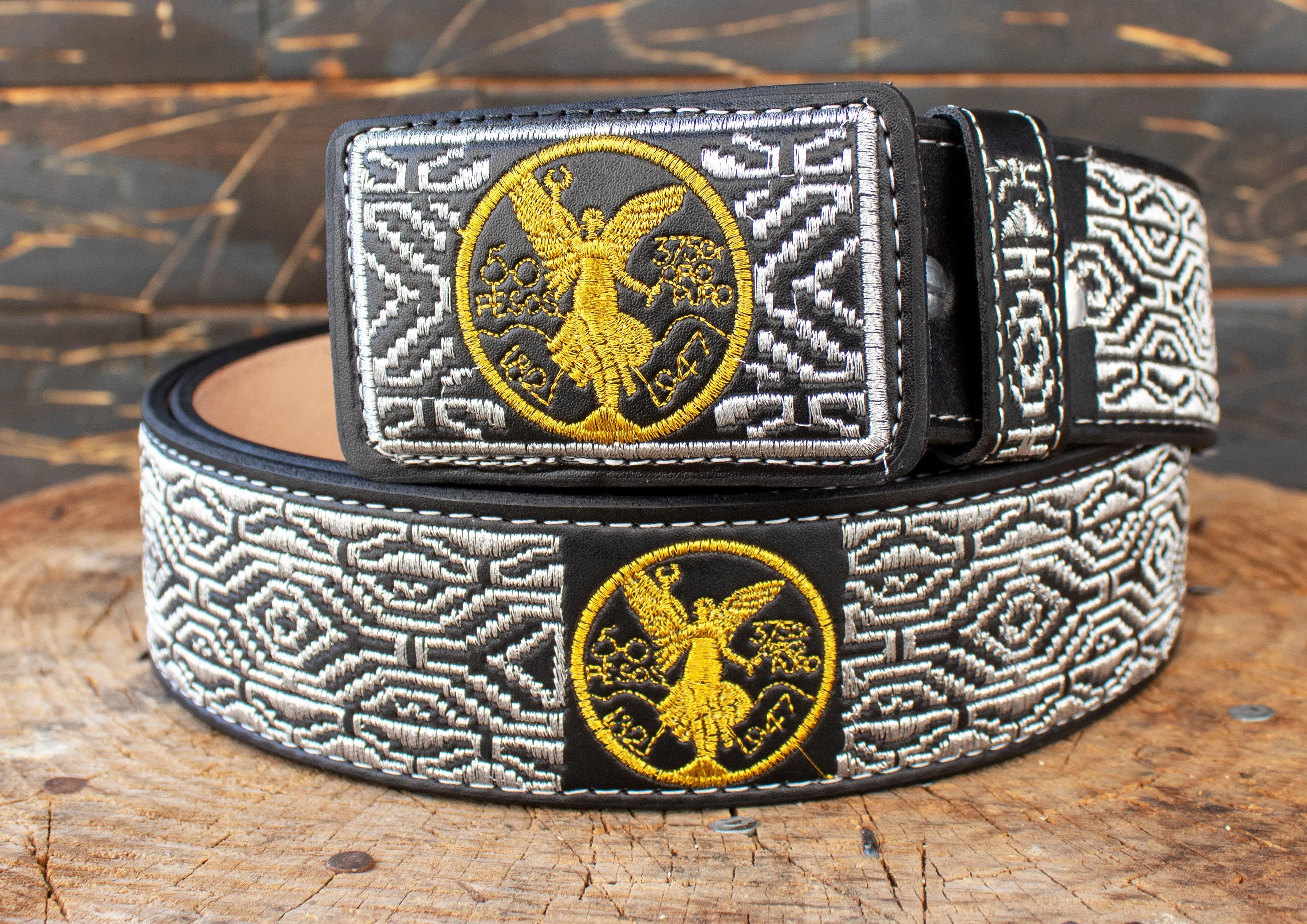 WESTERN EMBROIDERED BLACK EL CENTENARIO LEATHER  BELT