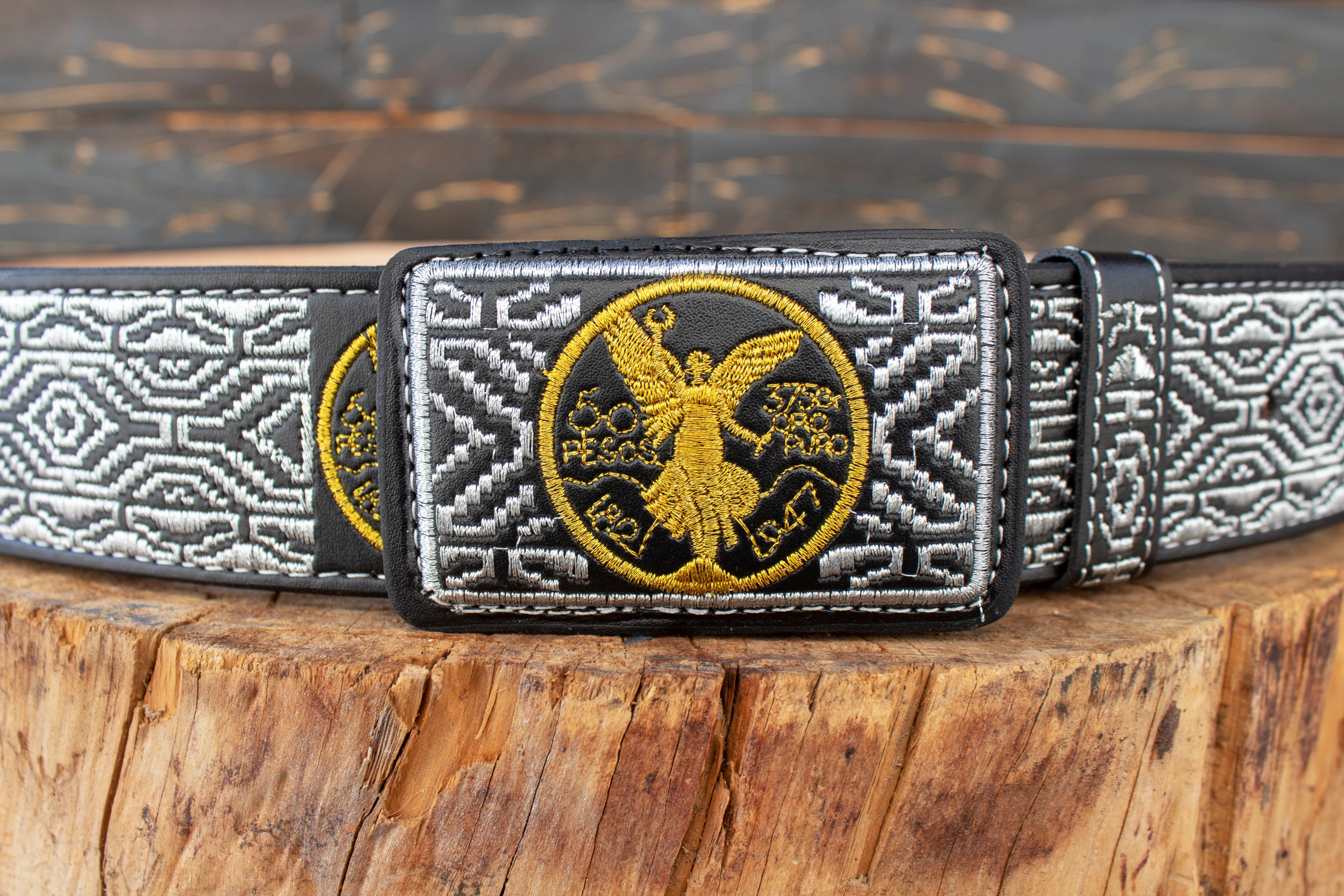 WESTERN EMBROIDERED BLACK EL CENTENARIO LEATHER  BELT