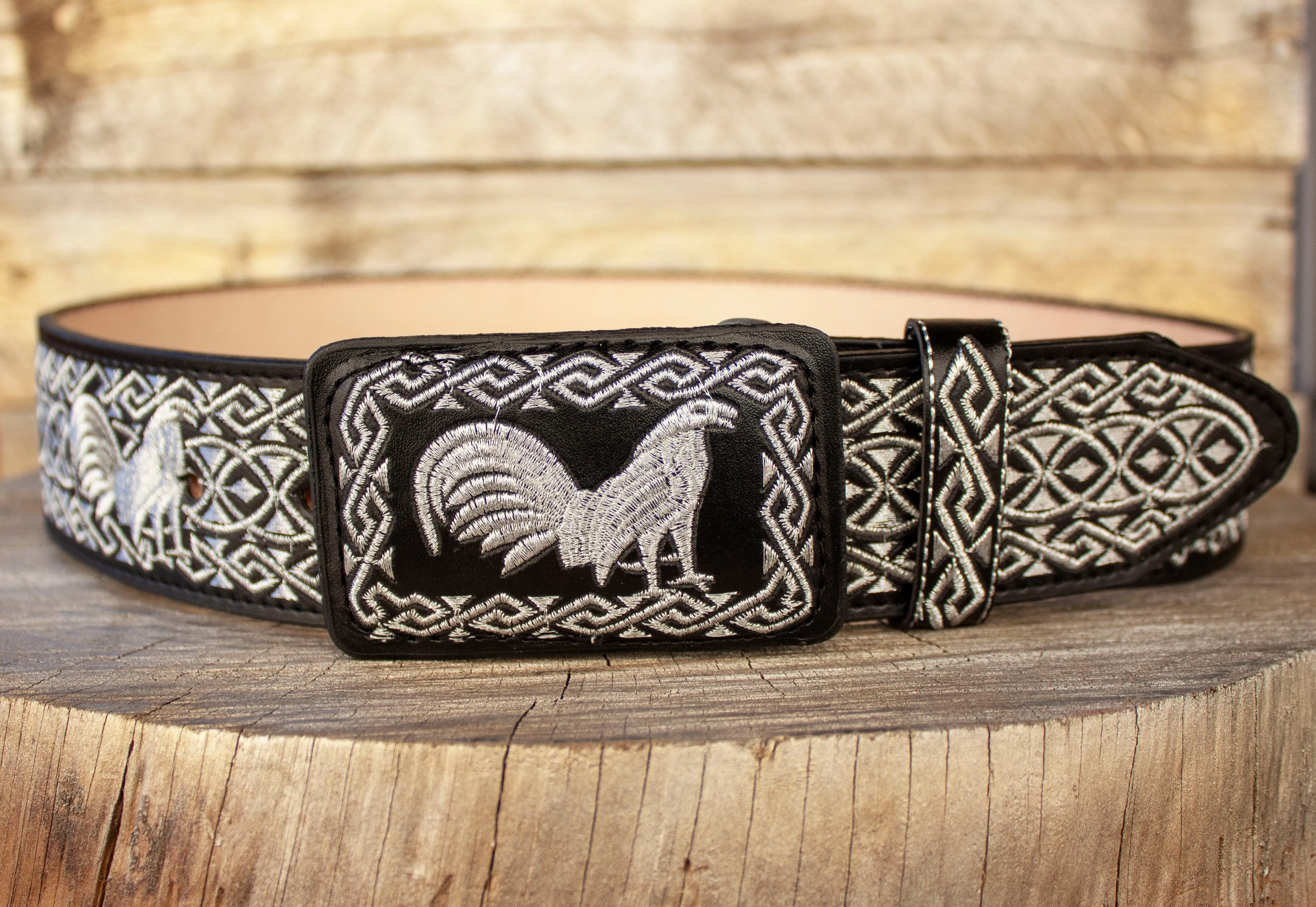 WESTERN EMBROIDERED ROOSTER BLACK MARIACHI LEATHER  BELT