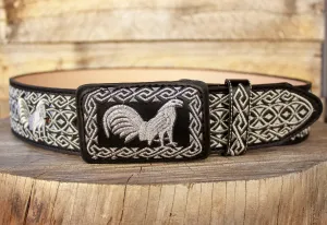 WESTERN EMBROIDERED ROOSTER BLACK MARIACHI LEATHER  BELT
