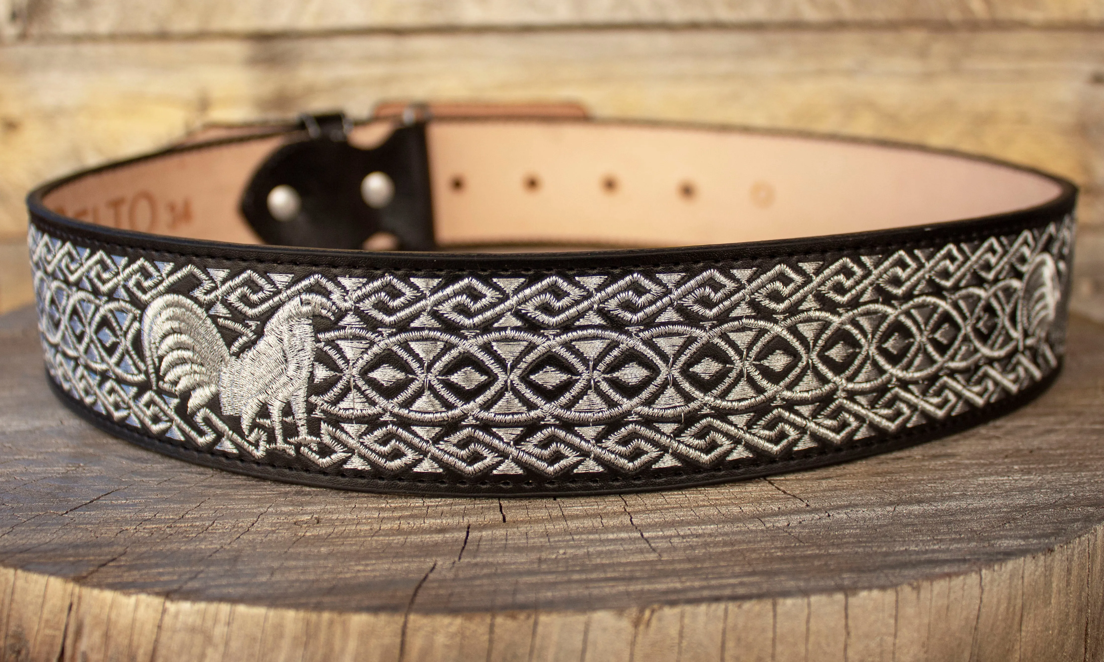 WESTERN EMBROIDERED ROOSTER BLACK MARIACHI LEATHER  BELT