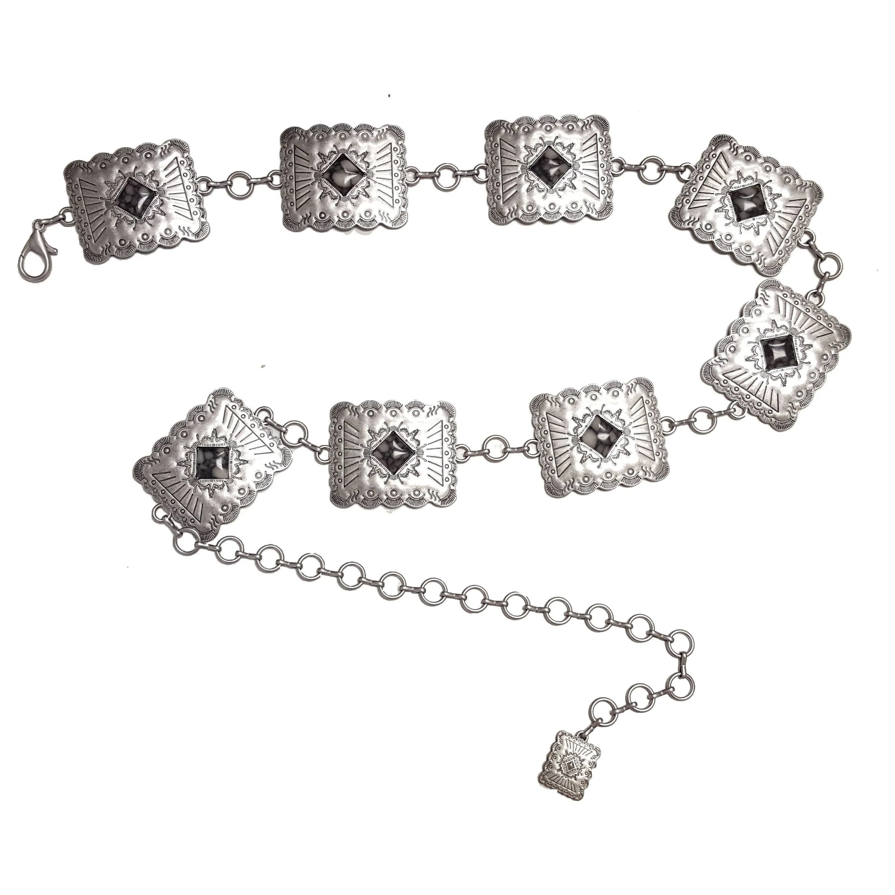 Western Silver Rectangular Concho Chain belt with stones