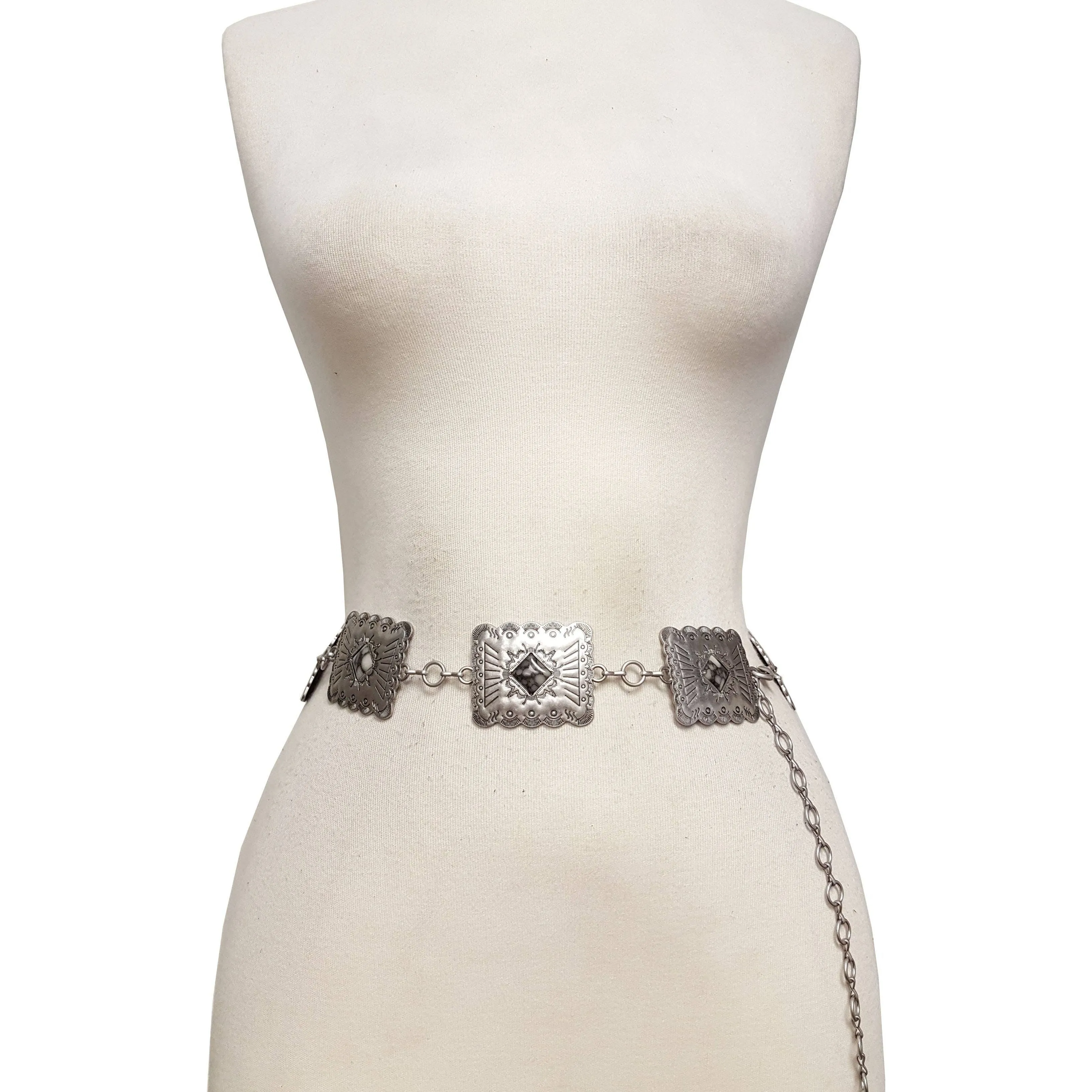 Western Silver Rectangular Concho Chain belt with stones