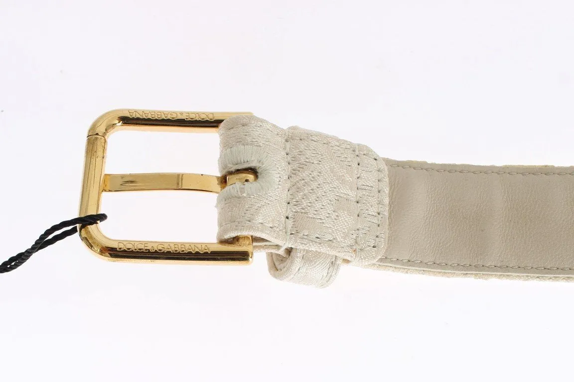 White Cotton Brocade Gold Buckle Logo Belt