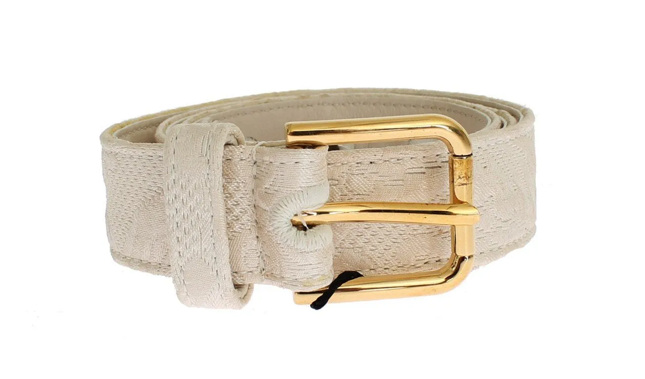 White Cotton Brocade Gold Buckle Logo Belt