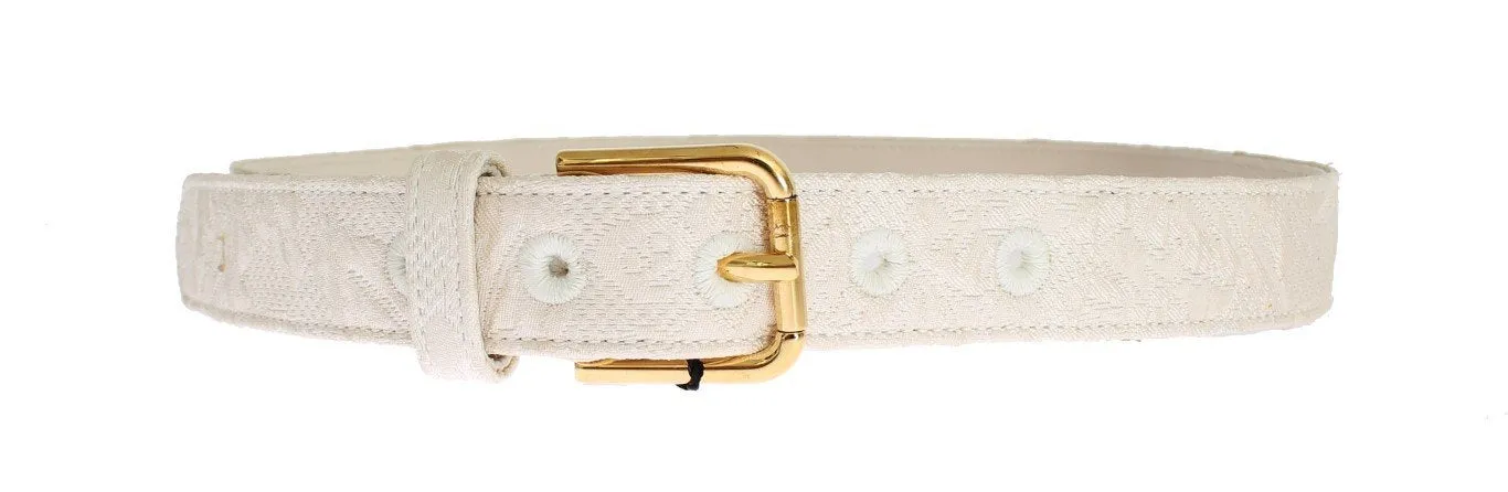 White Cotton Brocade Gold Buckle Logo Belt