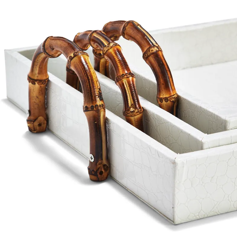 White Crocodile Decorative Rectangle Trays with Bamboo Handles