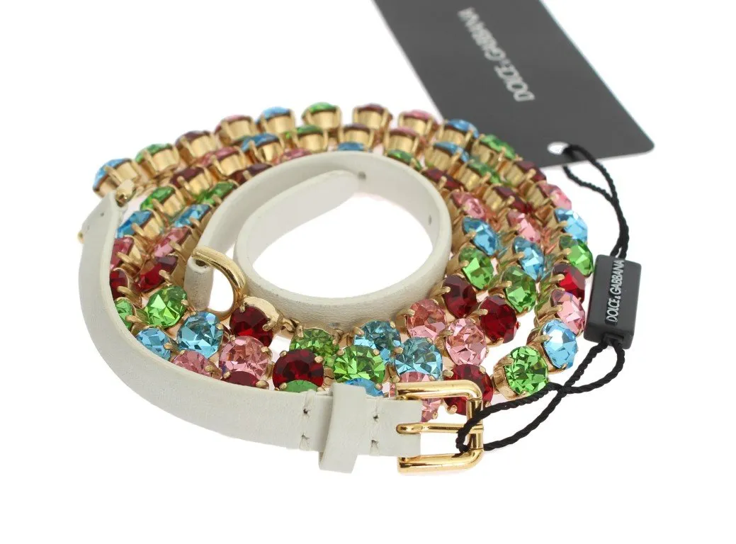 White Leather Crystal Gold Belt