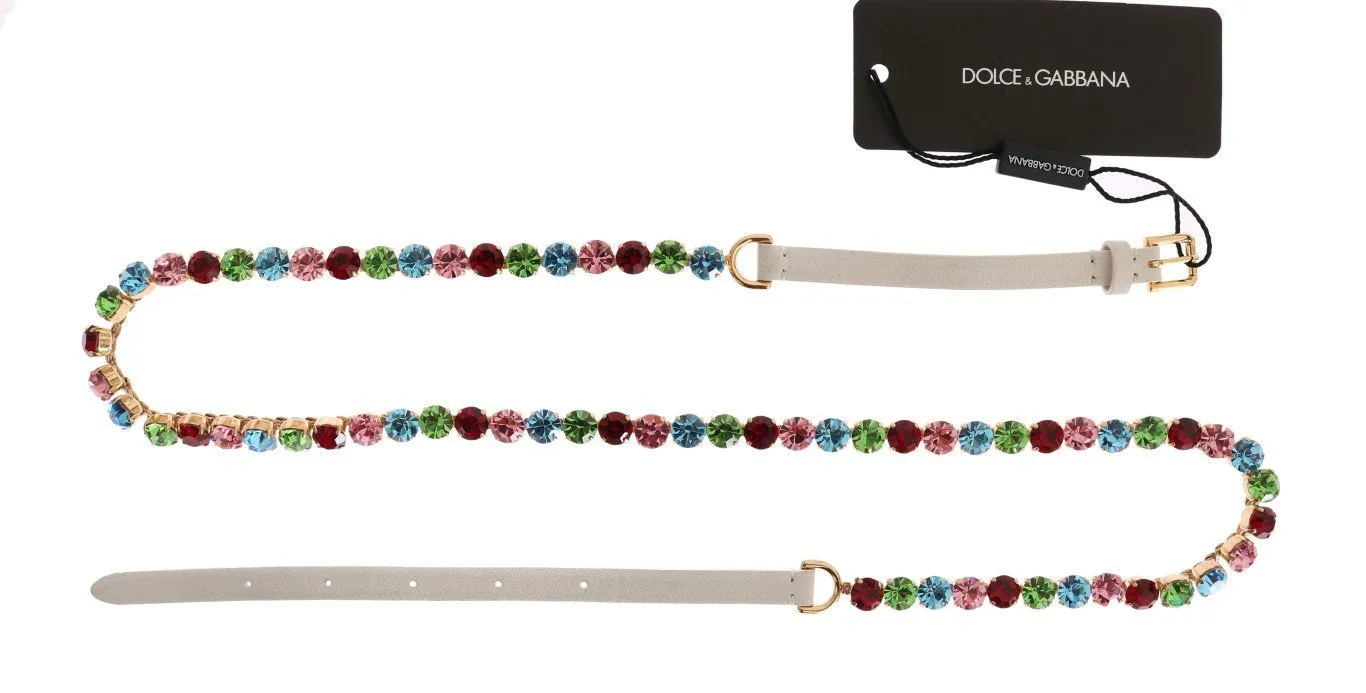 White Leather Crystal Gold Belt
