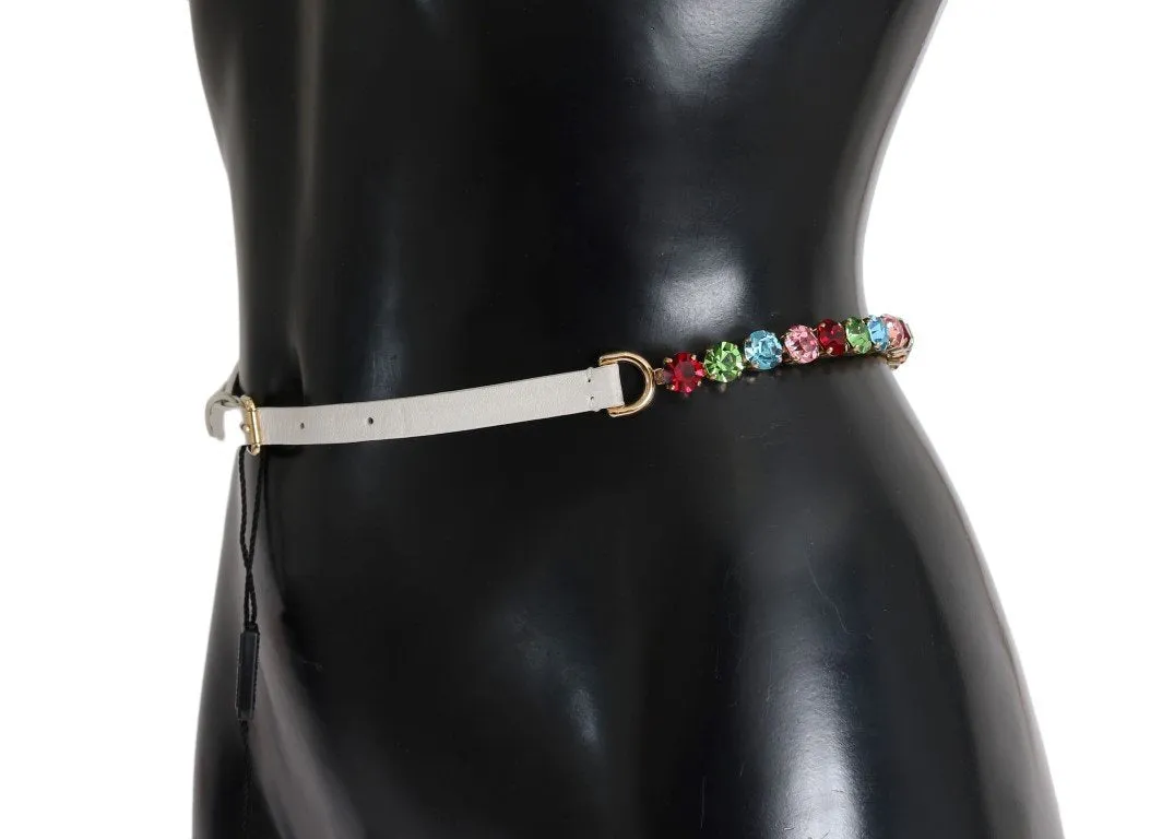 White Leather Crystal Gold Belt