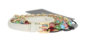White Leather Crystal Gold Belt