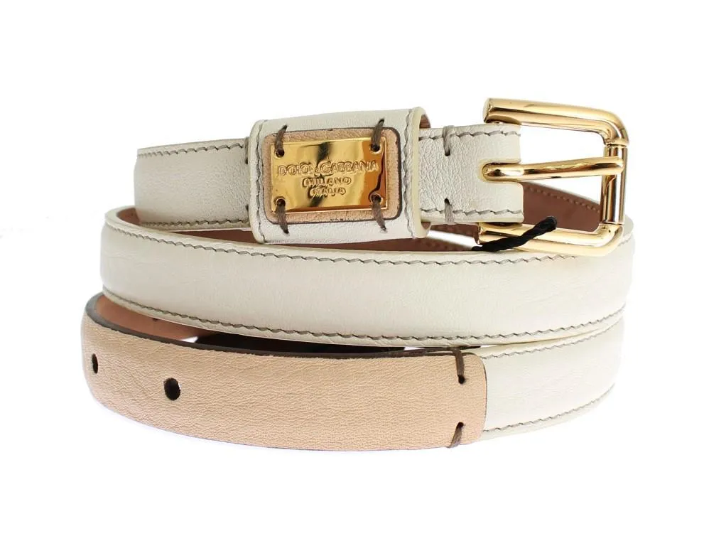 White Leather Gold Buckle Logo Waist Belt