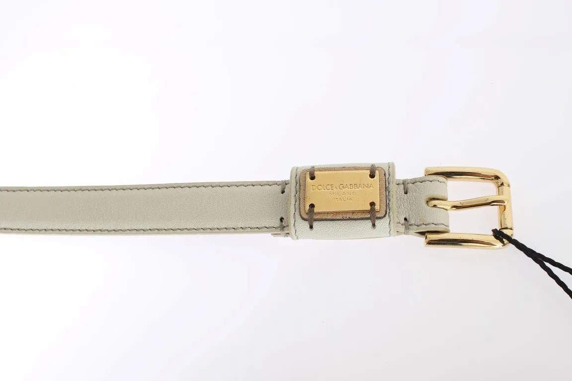 White Leather Gold Buckle Logo Waist Belt