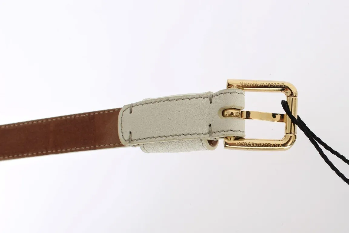 White Leather Gold Buckle Logo Waist Belt