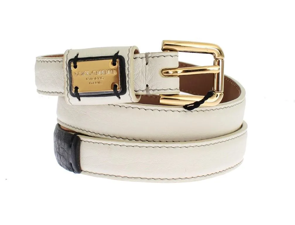 White Leather Gold Buckle Logo Waist Belt