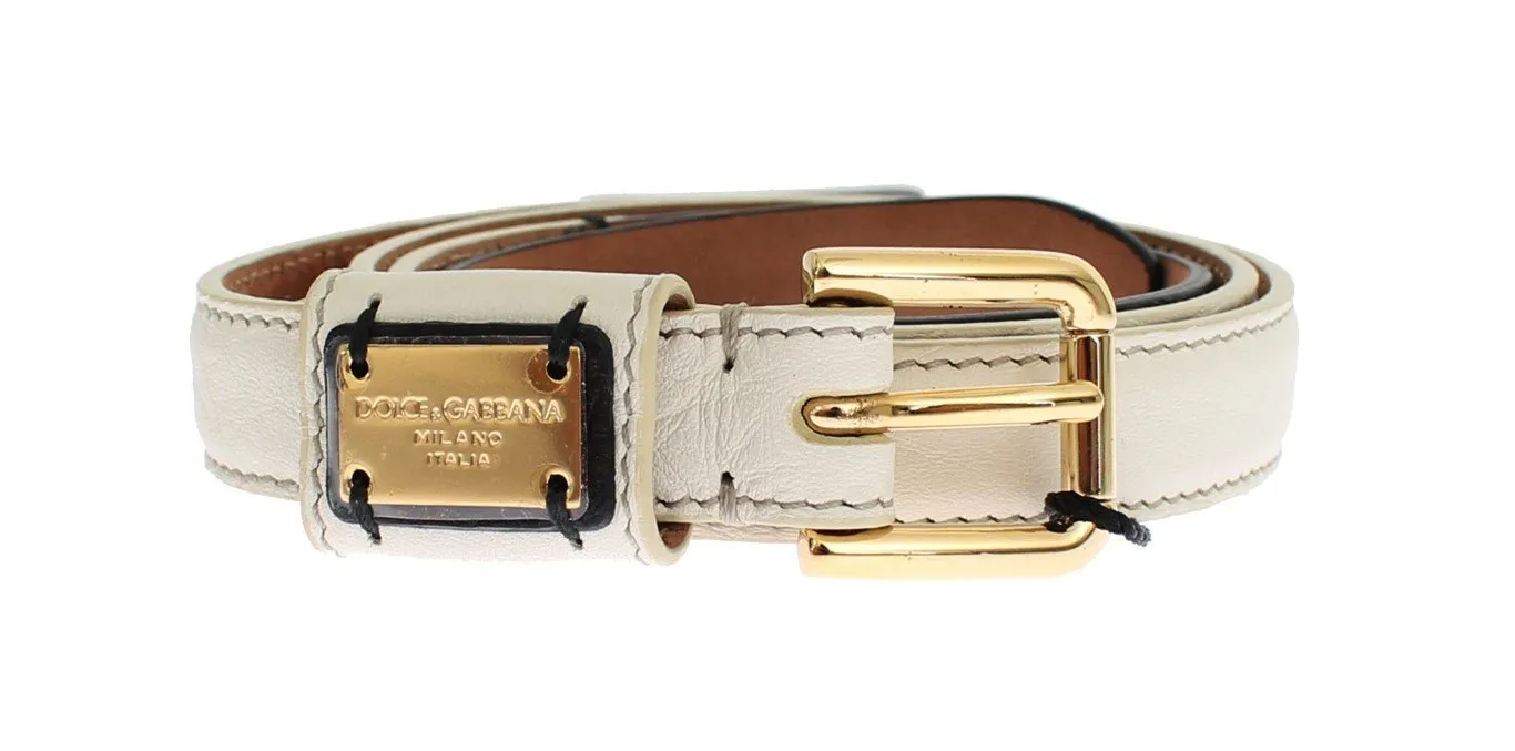 White Leather Gold Buckle Logo Waist Belt