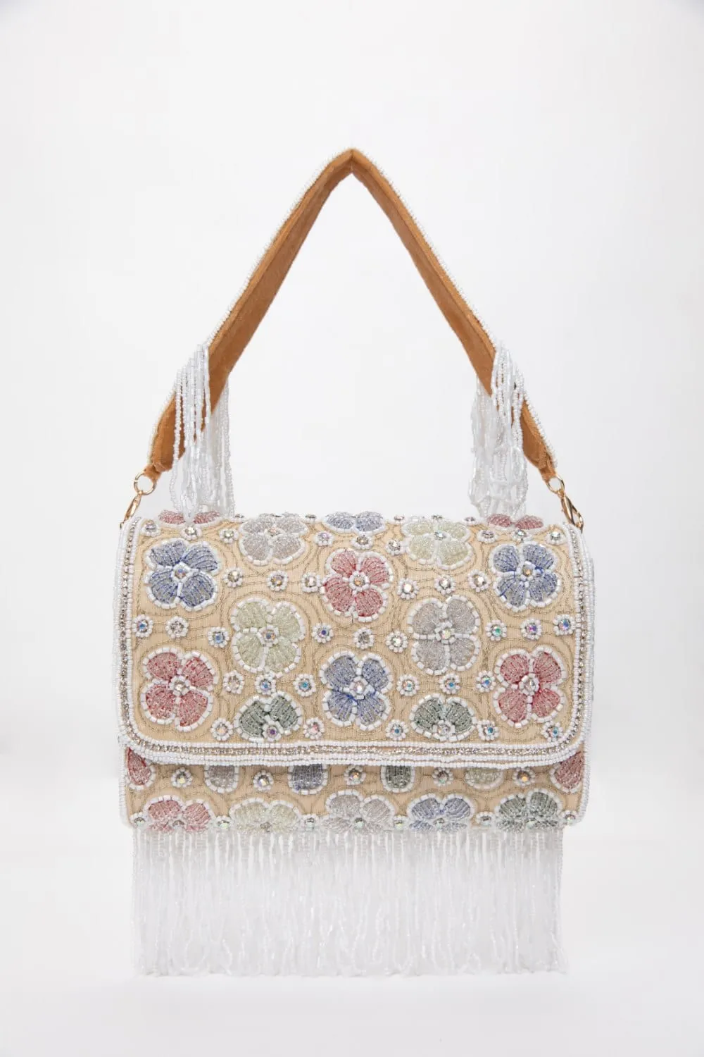 White Pearl Floral Embroidered Raw Silk Clutch With Beads & Sequins