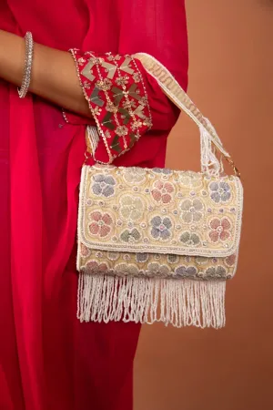White Pearl Floral Embroidered Raw Silk Clutch With Beads & Sequins