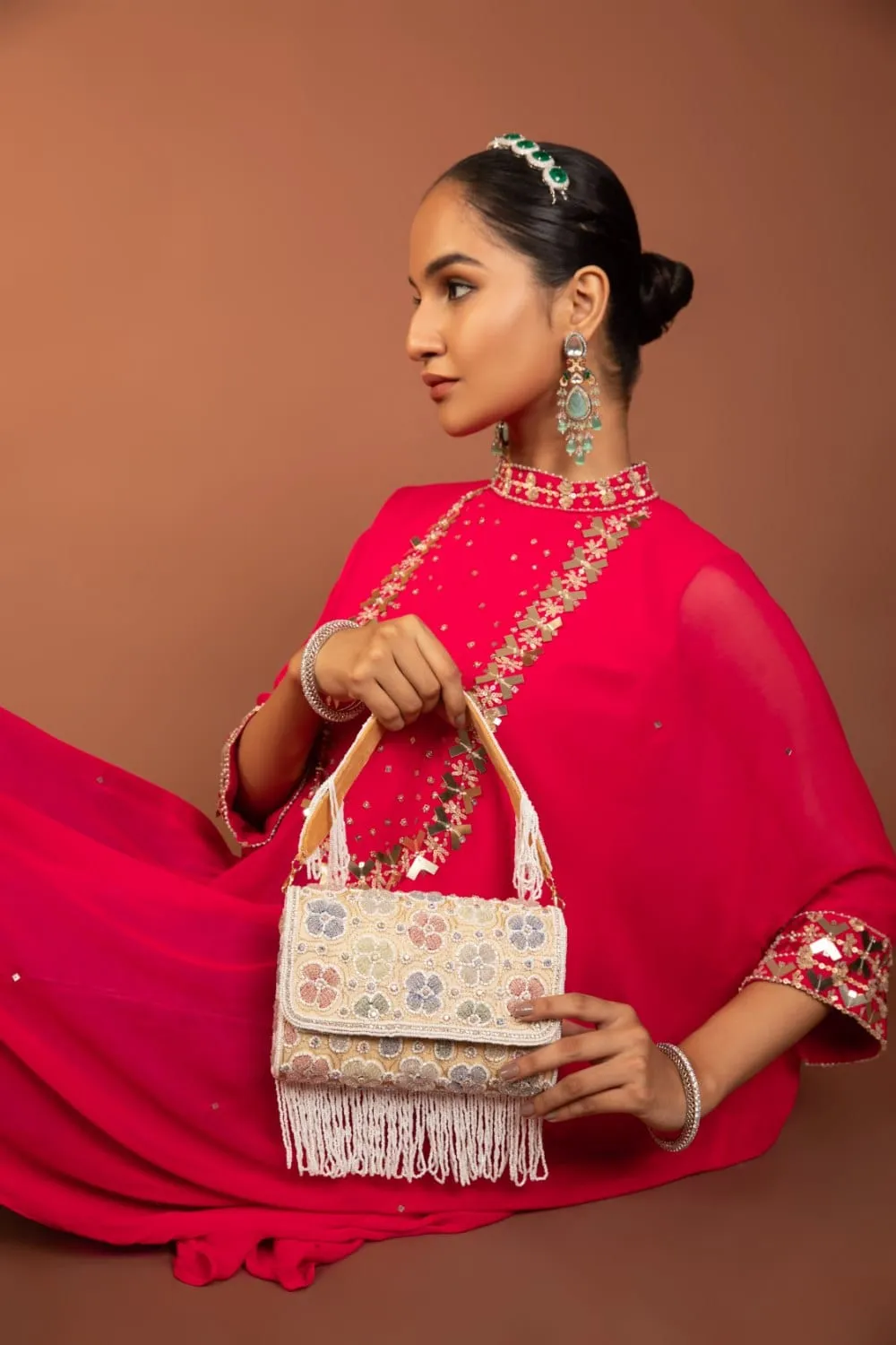 White Pearl Floral Embroidered Raw Silk Clutch With Beads & Sequins