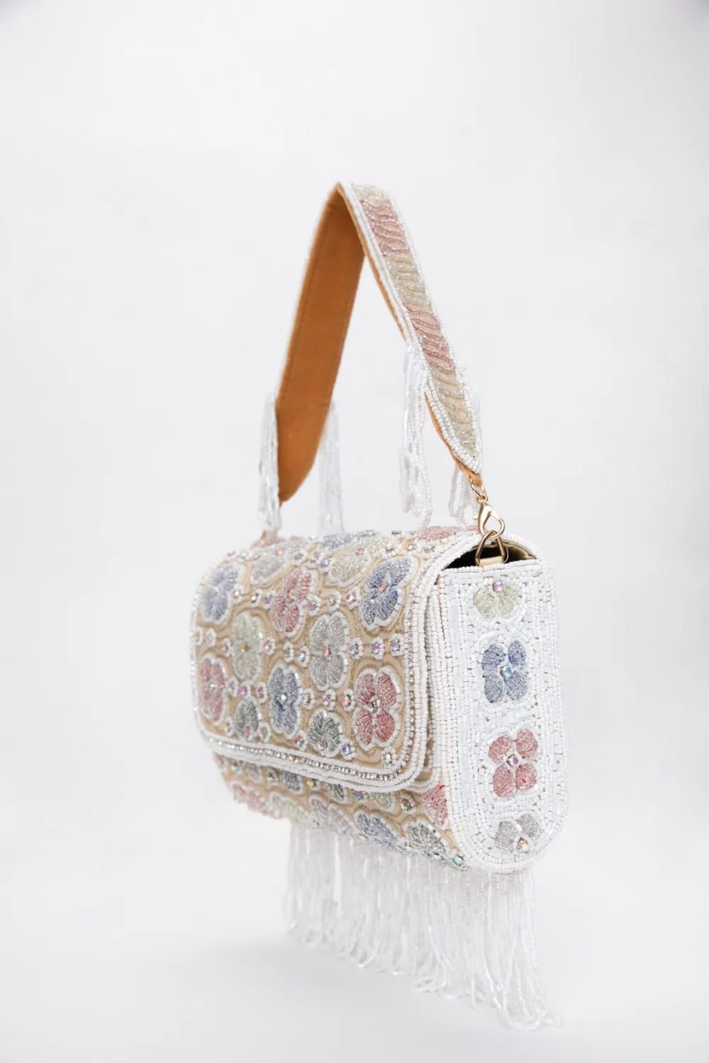 White Pearl Floral Embroidered Raw Silk Clutch With Beads & Sequins