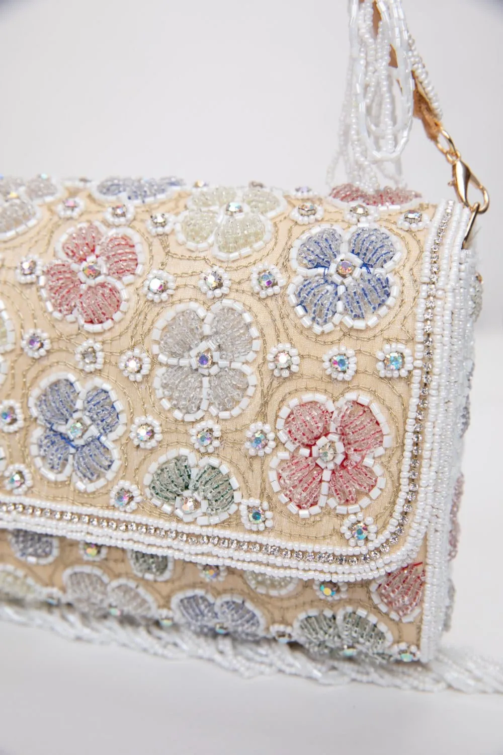 White Pearl Floral Embroidered Raw Silk Clutch With Beads & Sequins