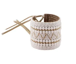 Wide Decorative Leather Bracelet (White, Gold)