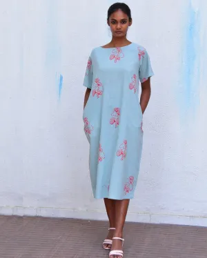 Wildflower Light Blue Handblockprinted Dress - Hmbd