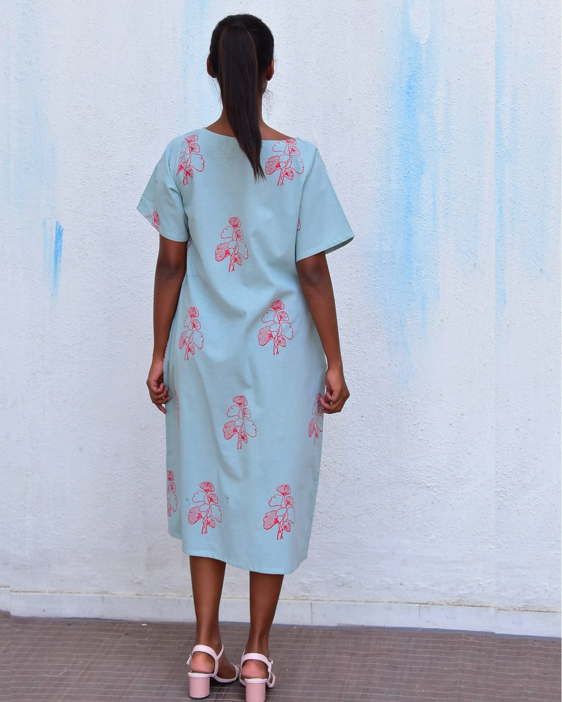 Wildflower Light Blue Handblockprinted Dress - Hmbd