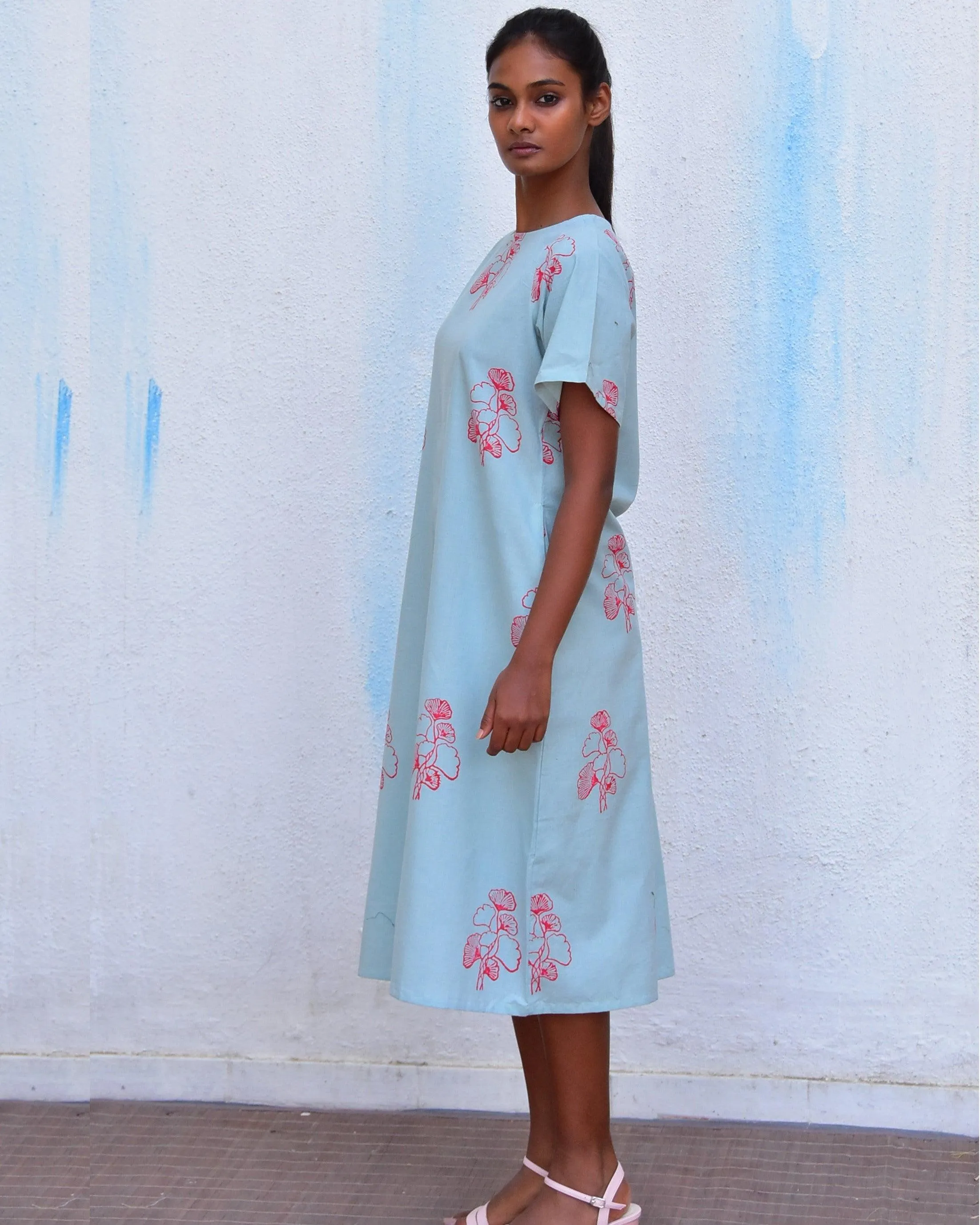 Wildflower Light Blue Handblockprinted Dress - Hmbd
