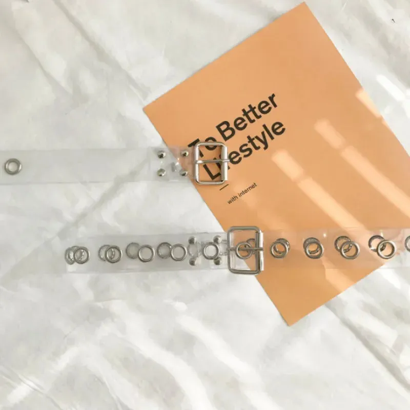 Women Clear Full Grommet Belt Female Disigner Punk Rivet Pin Buckle Waist Resin Plastic PVC Trouser Jeans Transparent Belts