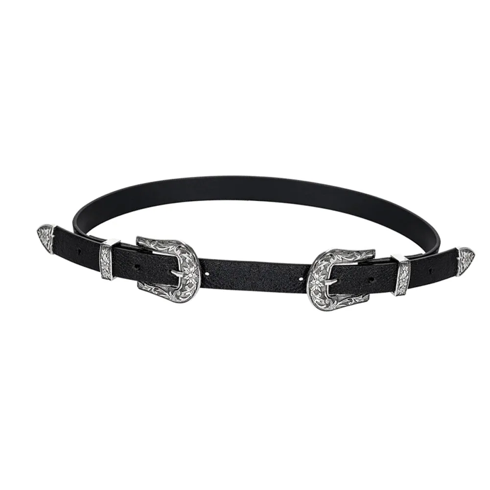 Women waist belt Black Leather Western Cowgirl Waistband Silver Double Metal Buckle Belt -MX8